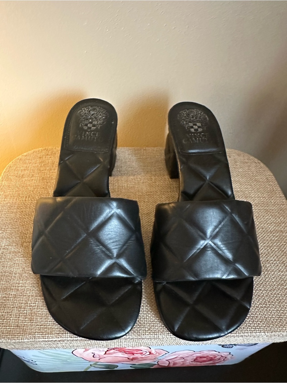 Vince Camuto Braylen Black Quilted Slide Block Heels  Sandals - 7